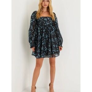 Lulus Black Blue Floral Puff Sleeve Square Neck Babydoll Mini Dress Medium